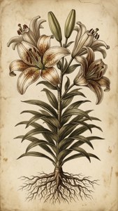 一幅百合花植物嘅植物插圖，喺舊紙上顯示花朵、葉同根部。