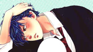 藍髮動漫男孩穿著校服，用手托著頭，表情戲劇化。