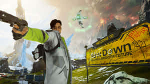 一個遊戲角色在雪地科幻景觀中，伴隨著發光的無人機和一個「Welcome to Meat Down」標誌，瞄準手槍。