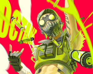 一名身穿綠色戰術裝備的士兵，在紅色背景上以發光的眼睛投擲手榴彈。