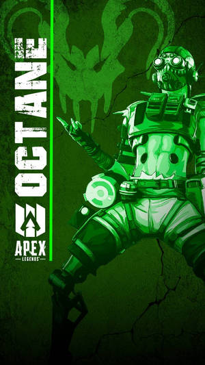 來自Apex Legends的Octane身穿綠色戰術裝備，在發光骷髏背景前擺姿勢。