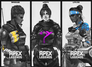 三個Apex Legends角色以風格化的數位藝術呈現，帶有黑、白和紫藍色點綴。