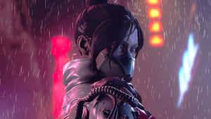 戴著防毒面具的賽博龐克女性站在雨中霓虹燈光下。