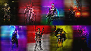 八個Apex Legends角色以色彩繽紛的發光姿勢呈現，背景為動態模糊效果。