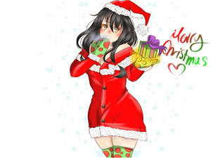 動漫女孩穿著聖誕老人服裝，拿著禮物和杯子，伴有雪花和Merry Christmas文字。