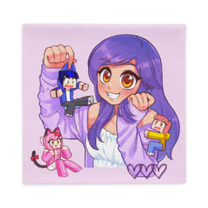 紫髮動漫女孩抱著Minecraft風格角色和心形。