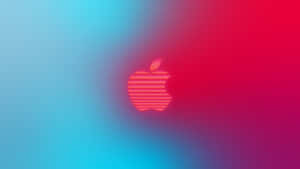 發光的Apple標誌，帶有條紋，位於藍色到紅色的漸變背景上。