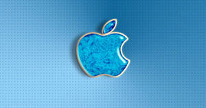 光澤藍色Apple標誌，金色輪廓，點狀藍色背景