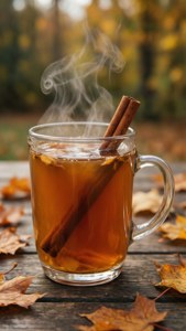 熱香料茶配肉桂棒，木桌與秋葉
