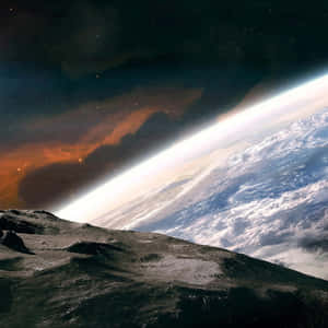 月球景觀望向地球的地平線，天空中有色彩繽紛的星雲。