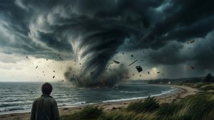 觀看強大龍捲風摧毀沿海地區並有飛散碎片的人。