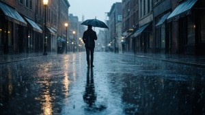 一個人在黃昏時分撐著雨傘獨自走在潮濕的城市街道上