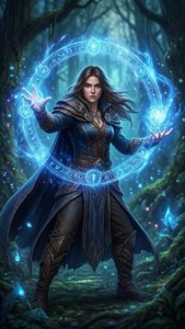 一位身穿藍色鎧甲的奇幻法師在神秘森林中引導發光的藍色魔法。