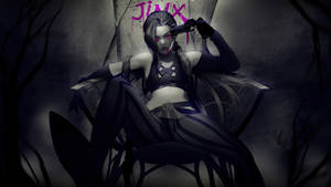 動漫角色 Jinx 坐在一個黑暗、佈滿塗鴉的房間裏的王座上。
