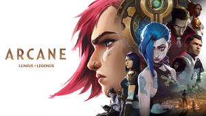 Arcane League of Legends 動畫角色，在奇幻城市場景中擁有紅色和藍色頭髮。 — 火影忍者海報 壁紙