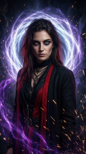 一位擁有不同顏色眼睛的女性被魔法能量和火花包圍。