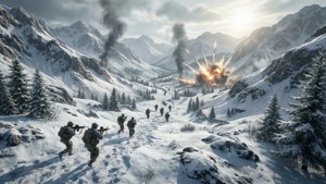 士兵在戰鬥中穿過積雪的山脈，遠方發生爆炸。
