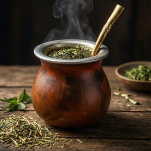 冒著蒸氣的馬黛茶杯與金色吸管在木桌上，伴有鬆散馬黛茶葉