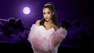 Ariana Grande 穿著粉紅色羽毛服裝，在發光的月亮下。 — 愛莉安娜·格蘭德 壁紙