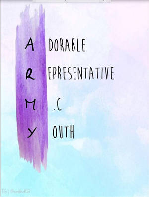 水彩背景，帶有紫色和藍色雲朵以及手寫文字 Army Adorable Representative .C OUTH