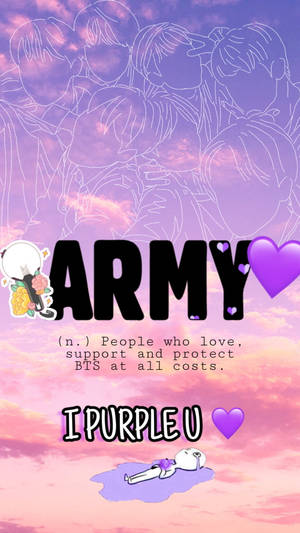 BTS粉絲社群ARMY定義，在粉彩天空背景下帶有紫色心形和動漫角色。