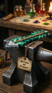 一支像素化的綠色箭頭放在鐵匠砧上，標籤寫著 'Arrow of Power'，工坊裡有發光的藥水。