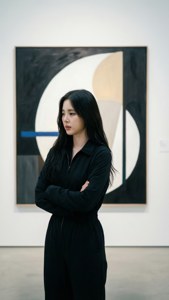 身穿黑色連身褲的女性在畫廊中交叉雙臂站在抽象藝術前
