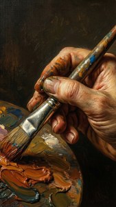 畫家的手拿著畫筆，放在有厚重顏料筆觸的調色板上方。