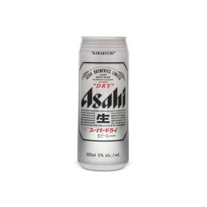銀色 Asahi Super Dry 啤酒罐，帶有黑色和紅色文字，白色背景。 — 日本 壁紙