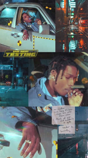 ASAP Rocky 在雨夜中於車內吸煙，伴隨著霓虹燈光。