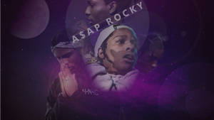 A$AP Rocky 肖像，背景為宇宙紫色，帶有漂浮行星和發光效果。