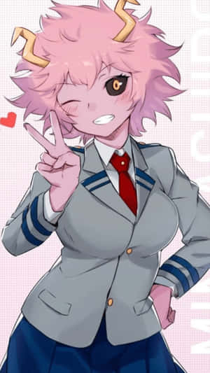 粉紅色頭髮和角的動漫女孩眨眼並在校服中做出和平手勢。