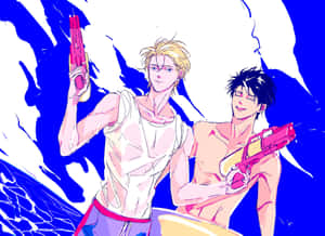 兩個動漫男子喺藍白背景前手持粉紅色水槍。
