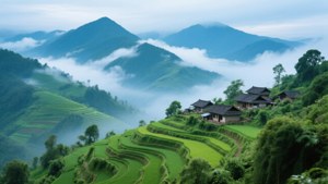 綠色梯田、霧濛濛的山脈和木屋，構成寧靜的鄉村景觀
