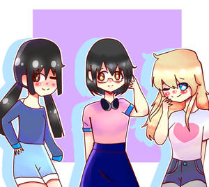 三個臉頰泛紅、表情豐富的動漫女孩，穿著休閒服裝。