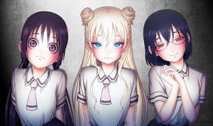 三個穿著制服、眼睛顏色和表情各異的動漫女學生。