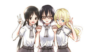 三個動漫女學生微笑並比出和平手勢。