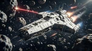 一艘太空船在太空中穿過小行星帶發射激光