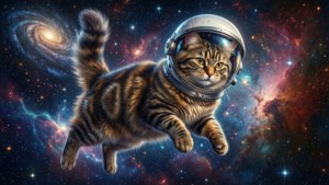 虎斑貓戴著太空人頭盔在色彩繽紛的太空漂浮，背景有星系和星雲