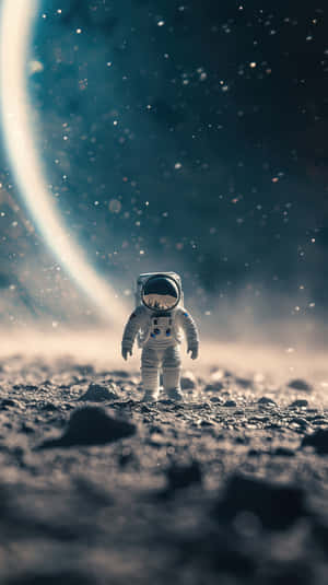 一個太空人獨自站在岩石外星表面，下方是巨大的環形行星。