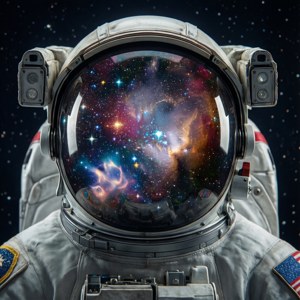身穿白色太空衣、帶有美國國旗徽章的太空人透過頭盔面罩觀看色彩繽紛的星雲，背景是星空