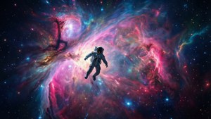 太空人在充滿星星和發光氣體的彩色宇宙星雲中漂流