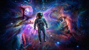 太空人在充滿星星和發光氣體的多彩宇宙星雲中漂流