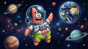 派大星穿著太空衣漂浮在行星和星星之間