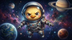 一隻卡通小雞太空人在地球和其他行星附近的太空中漂浮