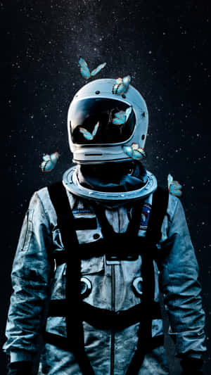 一個太空人在太空中被藍色蝴蝶包圍，背景是星空。
