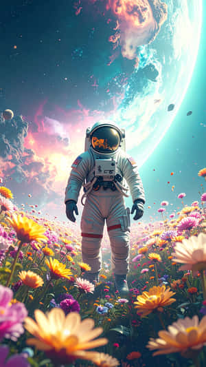 一名太空人在外太空靠近一顆發光行星的地方走過一片色彩繽紛的花田。