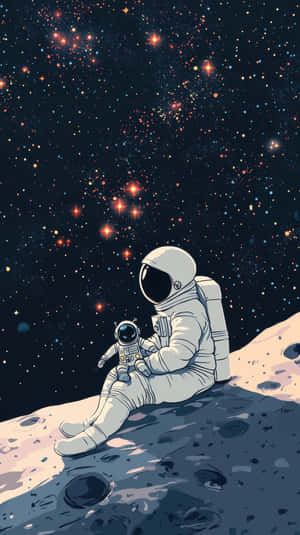 一名太空人和一個小機械人坐在月球上看星星
