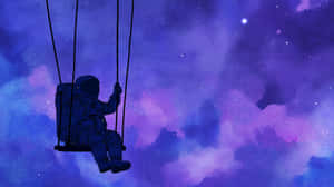 太空人在鞦韆上漂浮在色彩繽紛的星空星雲中