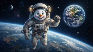 一個微笑嘅雪人穿著太空衣喺地球軌道上揮手，背景有星星同月球。